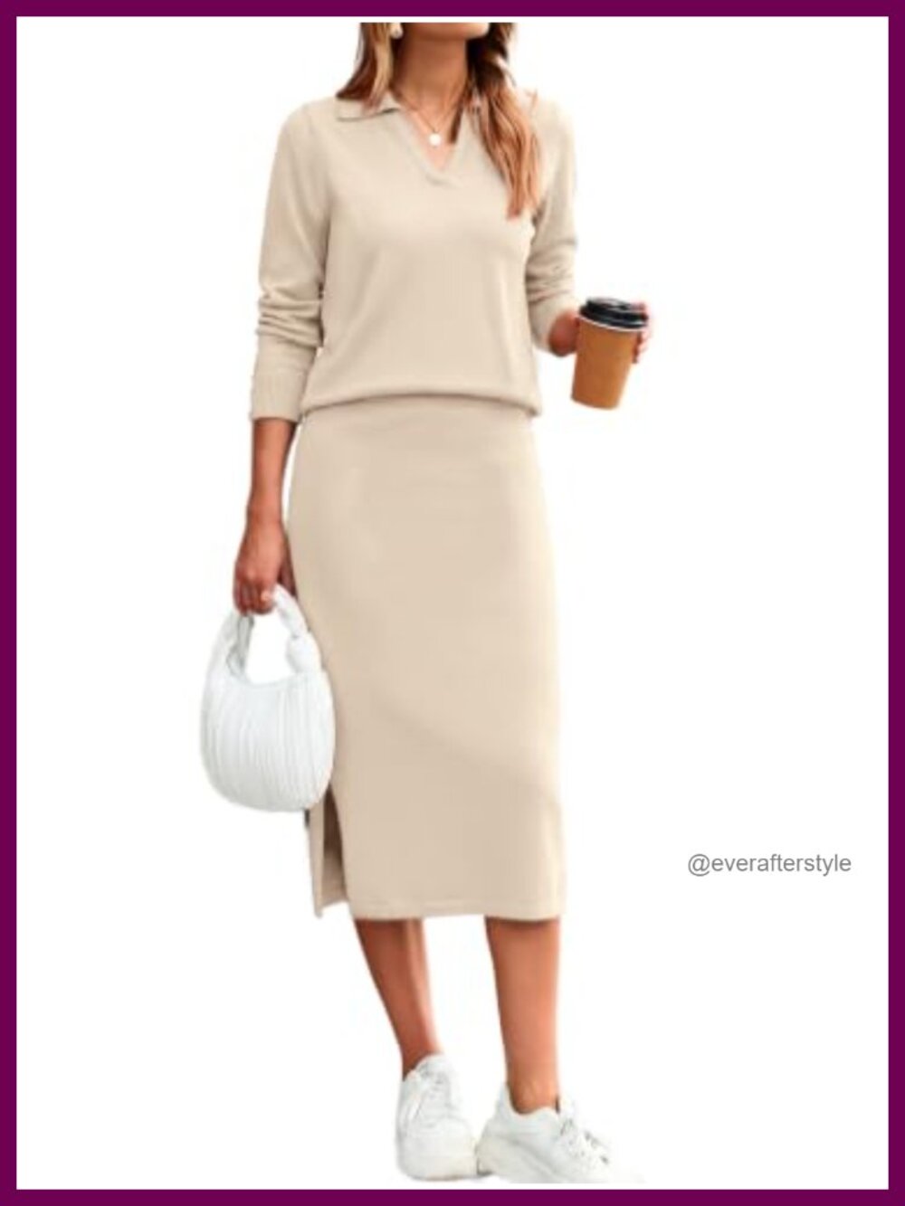 Women's 2 Piece Striped Sweater Skirt Set Polo Neck Long Sleeve Midi